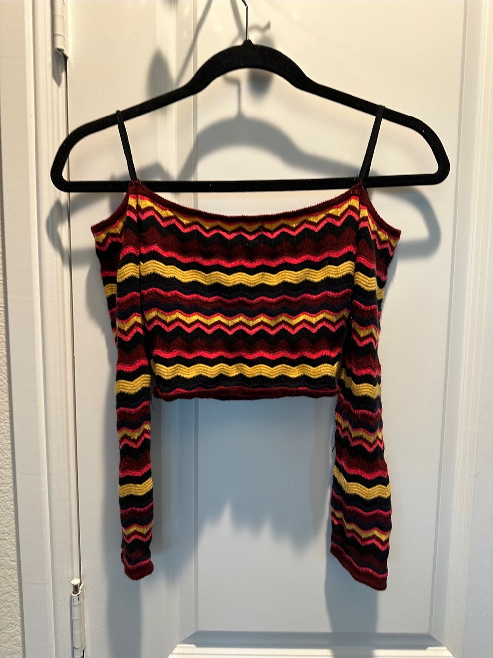 debut Striped Off-Shoulder Crop Top - Black, Red & Yellow